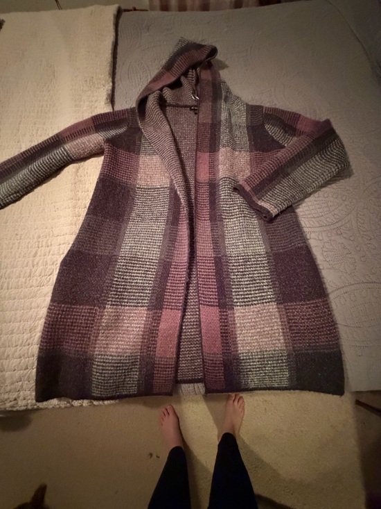 By Design Sweaters - Hooded Open-Front Plaid Knit Cardigan - Purple Mix